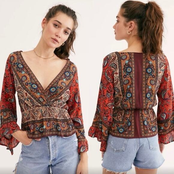 Free People Top Rosalie Wrap Paisley Boho Women’s Size Medium - Picture 1 of 7